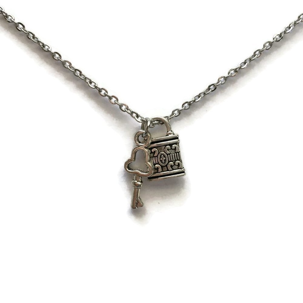 Skeleton Key and Lock Necklace Tibetan Silver Charm Stainless Steel 4for$20